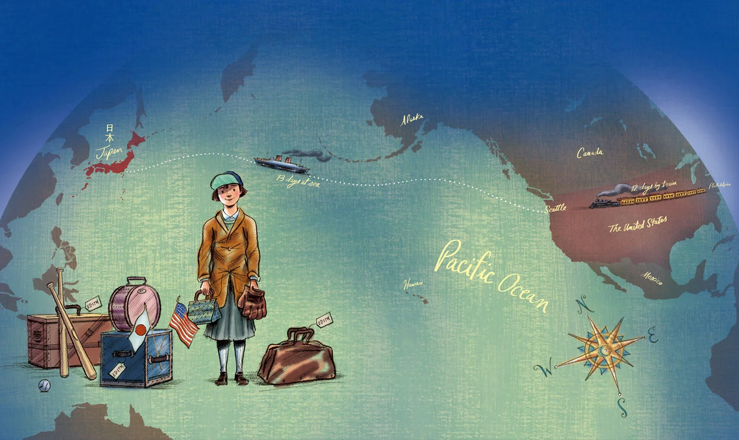 click upper right corner of images to enlarge above: spread scene showing the travel route by train and steamship that little Edith took to Japan in 1925. View a posting on Steven's blog to see how the illustrations for this picture book were created.