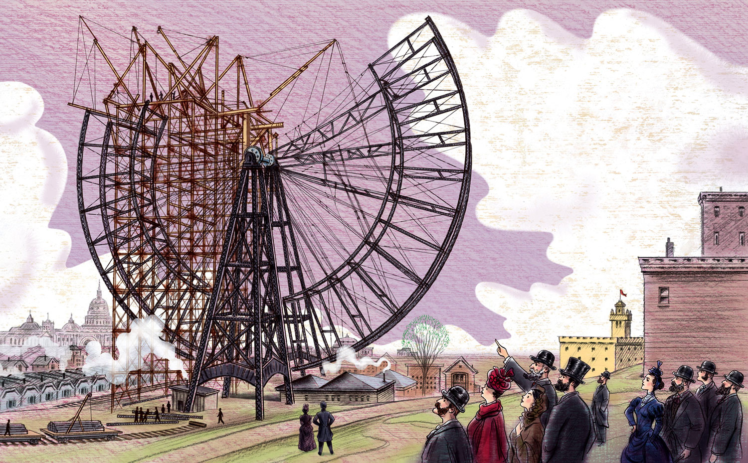 click upper right corner of images to enlarge above: the public gathers to watch construction of the strange invention of engineer George Ferris in 1893. View a posting on Steven's blog on how the illustrations for this picture book were created.
