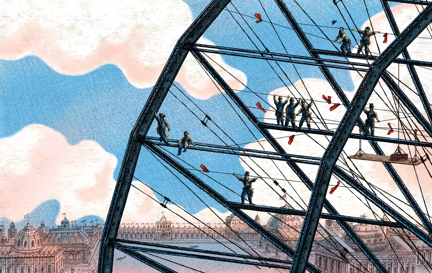 click upper right corner of images to enlarge above: workers atop the in-progress construction of the gigantic "Ferris Wheel" -with the fairground buildings of the 1893 World's Fair (named "White City") seen far below. The Fantastic Ferris Wheel -written by Betsy Harvey Kraft & illustrated by Steven Salerno published by Christy Ottaviano Books , 2015. The true story of American engineer George Washington Ferris, who designed and built the very first giant observation wheel for the 1893 Chicago World's Fair, which was nicknamed the "Ferris Wheel" by the mesmerized public. View a posting on Steven's blog on how the illustrations for this picture book were created. “The book's strength are the dramatic, mixed-media illustrations, which capture the enormity of Ferris's wheel and its spectacular appearance when lit up at night, that steal the show” -School Library Journal, STARRED REVIEW "The engineering challenges, coupled with the harsh Chicago winter, lend drama to the text; Salerno's richly detailed compositions extend it... the artist's full-bleed pictures exhibit dizzying perspective and inventive composition, adding plenty of detail, including fairgoers in period dress... An absorbing read for young makers and dreamers. -Kirkus Reviews , STARRED REVIEW ”Salerno’s precisely drafted illustrations give a solid sense of the era, including intricate renderings of Chicago architecture and the construction of the wheel, while Kraft creates a genuine suspense in the lead-up to its debut” -Publishers Weekly A CBC NSTA Outstanding Science Trade Book A CBC NCSS Notable Social Studies Trade Book An ILA Teacher's Choice Reading List Selection