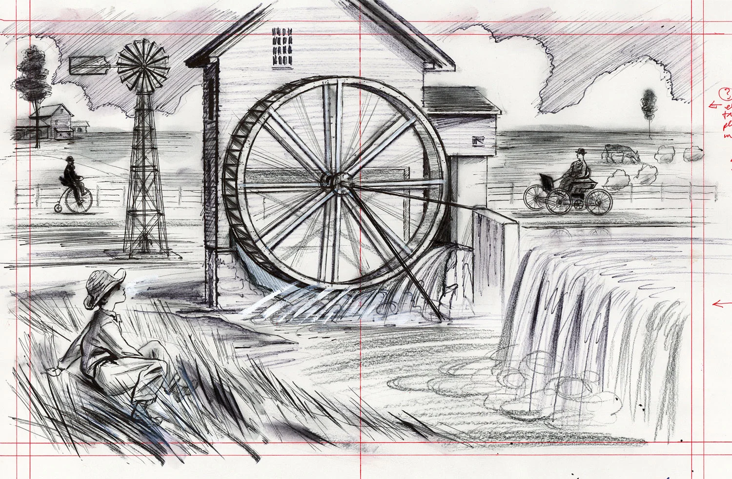 click upper right corner of images to enlarge above: preliminary SKETCH : the opening scene of the story depicting young George Ferris pondering machines and the mechanics of wheels, and of his future as an engineer. View a posting on Steven's blog on how the illustrations for this picture book were created.