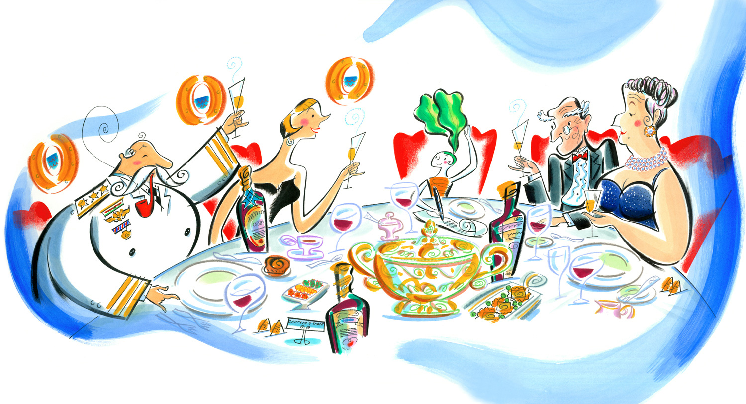 click upper right corner of images to enlarge above: aboard the ship sailing for a France, Coco the Carrot is the guest of honor seated at the Captain's Table. The other guests are charmed by her engaging spirit.