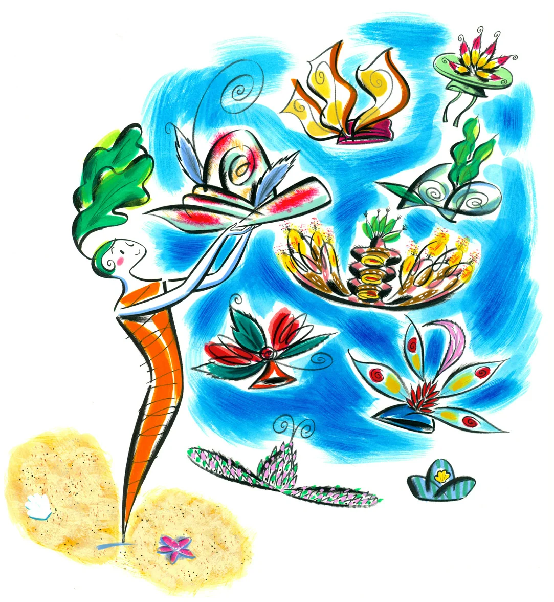 click upper right corner of images to enlarge above: while stranded on the tropical island, Coco discovers her talent for creating fantastic hat designs.
