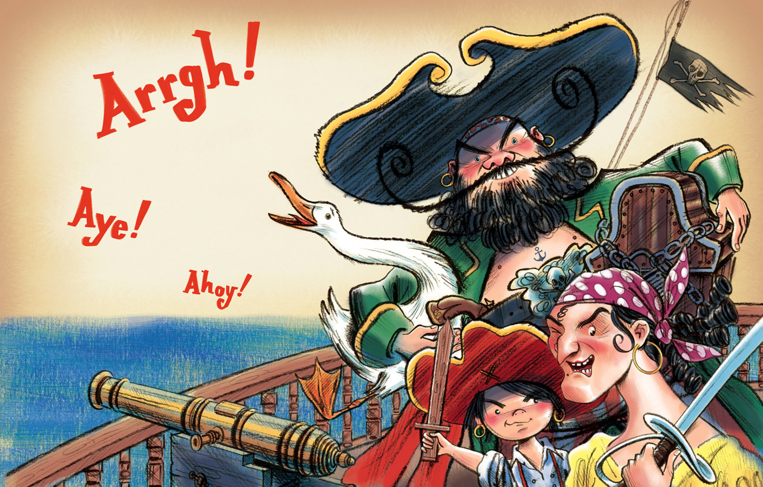 click upper right corner of images to enlarge above: opening spread which introduces the menacing pirate family: Papa, Mama and Baby. Goldenlocks and the Three Pirates -written by A pril Jones Prince & illustrated by Steven Salerno published by Farrar Straus Giroux , 2017 A new spin on the "Goldilocks" classic, only this time it all happens aboard a crusty old pirate ship. The young Goldenlocks finds herself exploring an empty ship, and due to her "fix-it" nature she improves upon the flavor of the breakfast gruel, repairs a stool, as well as a hammock. However when the ship's owners return they are not happy someone has been messing with their belongings! “Arr-guably the best pirate fairy tale to sail the seven storytimes” -Kirkus Reviews "Salerno builds suspense with his illustrations of the red-faced, scowling pirates as they bellow, stomp, and finally confront Goldenlocks, before recognizing how handy she is" -Publishers Weekly “A raucous and nautical take on the classic “Goldilocks” story… Equally delightful for preschool storytimes or one-on-one readings” -School Library Journal - Amazon Editors Best Book of the Month Selection