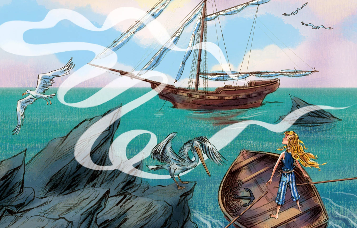 click upper right corner of images to enlarge above: The final illustration based on the sketch (see left) of hungry young Goldenlocks lured toward the pirate ship by the aroma of Mama Pirate's breakfast gruel...