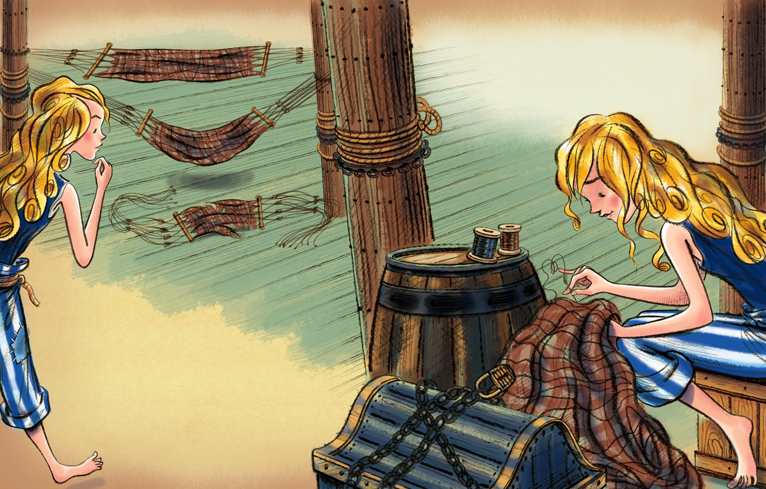 click upper right corner of images to enlarge above: Goldenlocks explores the empty sailing ship and finds a hammock badly in need of repair, and sets to work with needle and thread.
