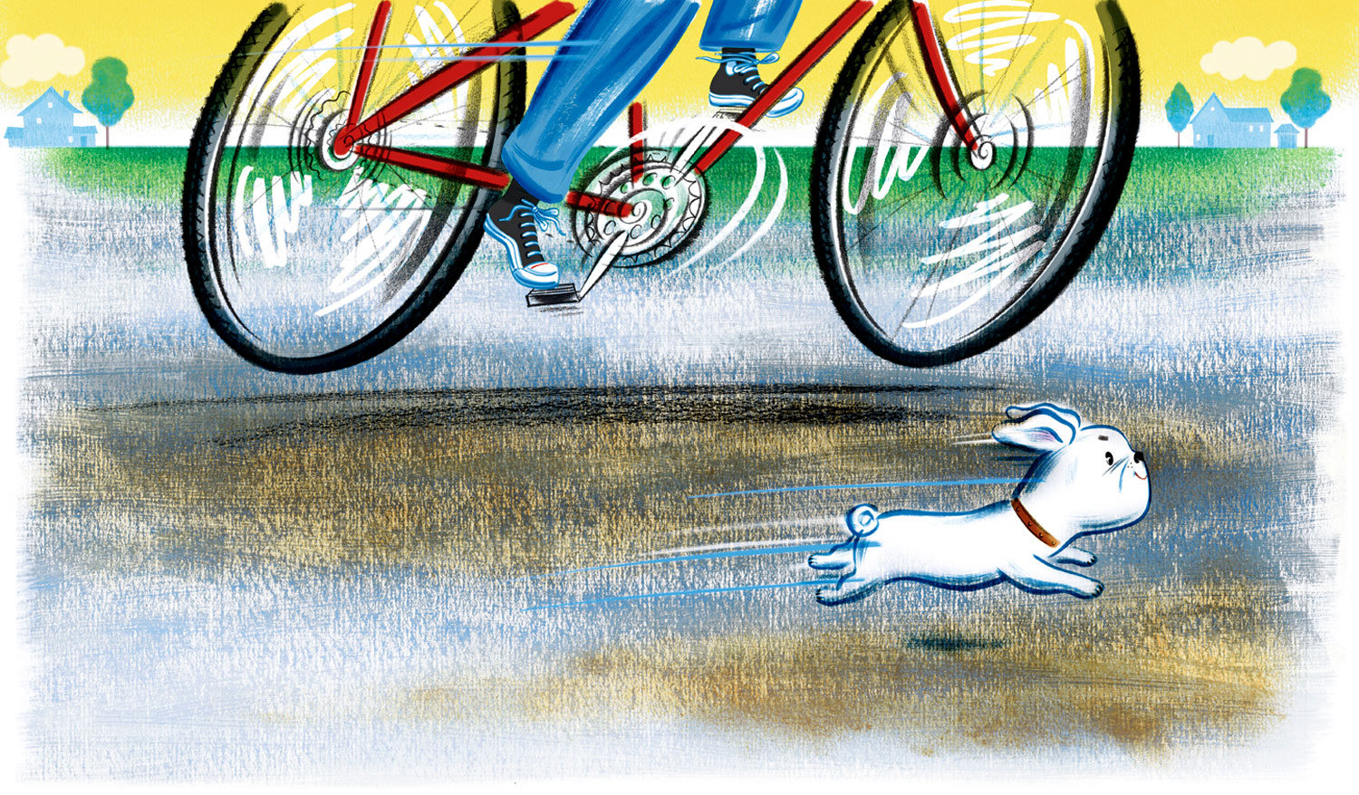 click upper right corner of images to enlarge above: the opening spread of the book depicting little Rosie racing along with her owner on his bicycle.