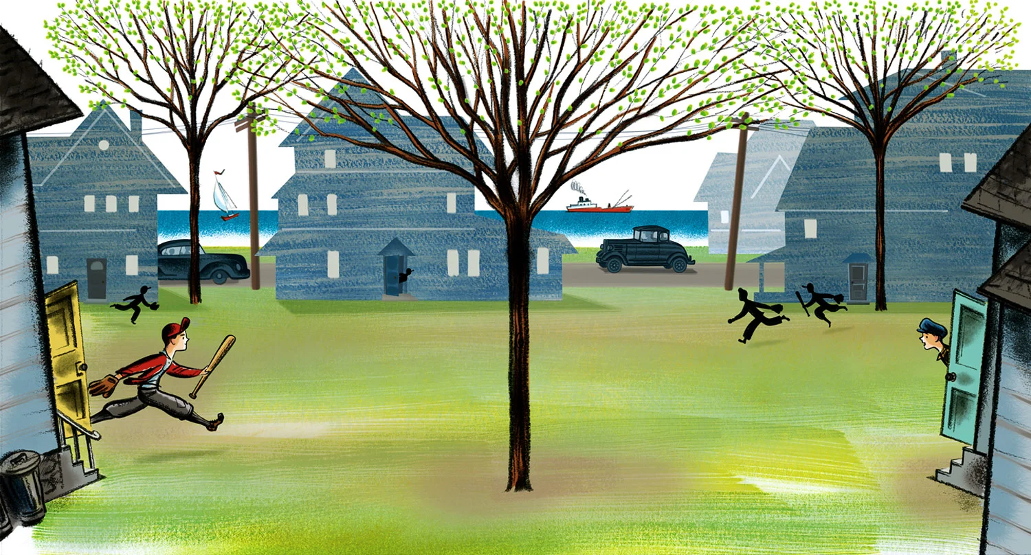 click upper right corner of images to enlarge above: neighborhood kids gather in the first days of spring to play some backyard baseball together, in a small seaside town in New Jersey back in the late 1920's. Brothers at Bat -written by Audrey Vernick & illustrated by Steven Salerno published by Houghton Mifflin Harcourt , 2012 The true story of a New Jersey family with 16 children... and the 12 brothers formed a professional baseball team, competing in the 1930's, '40's, and '50's. In 1996 they were honored by the Baseball Hall of Fame as the longest playing all-brother baseball team in history . View a posting on Steven's blog on how the illustrations for this picture book were created. "A captivating story, impeccable layout, and glorious illustrations make this historical account an unqualified winner” -New York Times Book Review “Painted in a bright palette of greens, yellows, and blues, Salerno’s mixed-media illustrations, shaded in black crayon, are an immediate attention-getter, the thick, horizontal brushwork contributing to a strong sense of movement” -Publishers Weekly “Salerno’s lively drawings, rendered in black crayon, gouache, watercolor and pastel with digital color added, complement the action, striking a balance between detail and expansiveness” -Kirkus Reviews "This story of a real American family whose bond was the game is brought to vivid life through illustrations" -Horn Book Magazine "Striking black crayon, gouache and watercolor paintings enhanced with digital color provide a solid backup to the tightly written narrative. A very pleasing slice of American history" -Cleveland Plain Dealer "A remarkable story" -Wall Street Journal "A lively story about family loyalty and love of the game, pulled from the sidelines of baseball history" - Publishers Weekly , STARRED REVIEW "A delight not to miss" -School Library Journal, STARRED REVIEW "A story of brotherly—and baseball—love" -Booklist, STARRED REVIEW "Vernick's wry and rousing narration is perfectly matched by Salerno's mixed-media pictures." -The Bulletin of the Center for Children's Books , STARRED REVIEW -A Junior Library Guild Selection -A California Young Readers Medal winner 2015 - Booklist Editor's Choice 2012 - CCBC Choices 2013 - ALA Notable Children's List 2013 - A BCCB Blue Ribbon Book winner 2013 - A Wall Street Journal Best of 2012 -A NCSS-CBC Notable Social Studies Trade Book for Young People 2013 -A New York Times Notable Book 2012 -A 2012 Booklist Editor's Choice - A South Carolina Picture Book Award nominee 2013-2014 - A Bank Street College's Best Children's Books of the Year List 2013 - AN IRA Teachers' Choices 2013 Reading List - A Children's Sequoyah List (Oklahoma) 2015 - A Monarch Award List (Illinois) 2014 - A Red Clover List (Vermont) 2013 - An Oppenheim Toy Portfolio Gold Seal 2012 - A Jury Selection Society of Illustrators, Original Art Show 2012