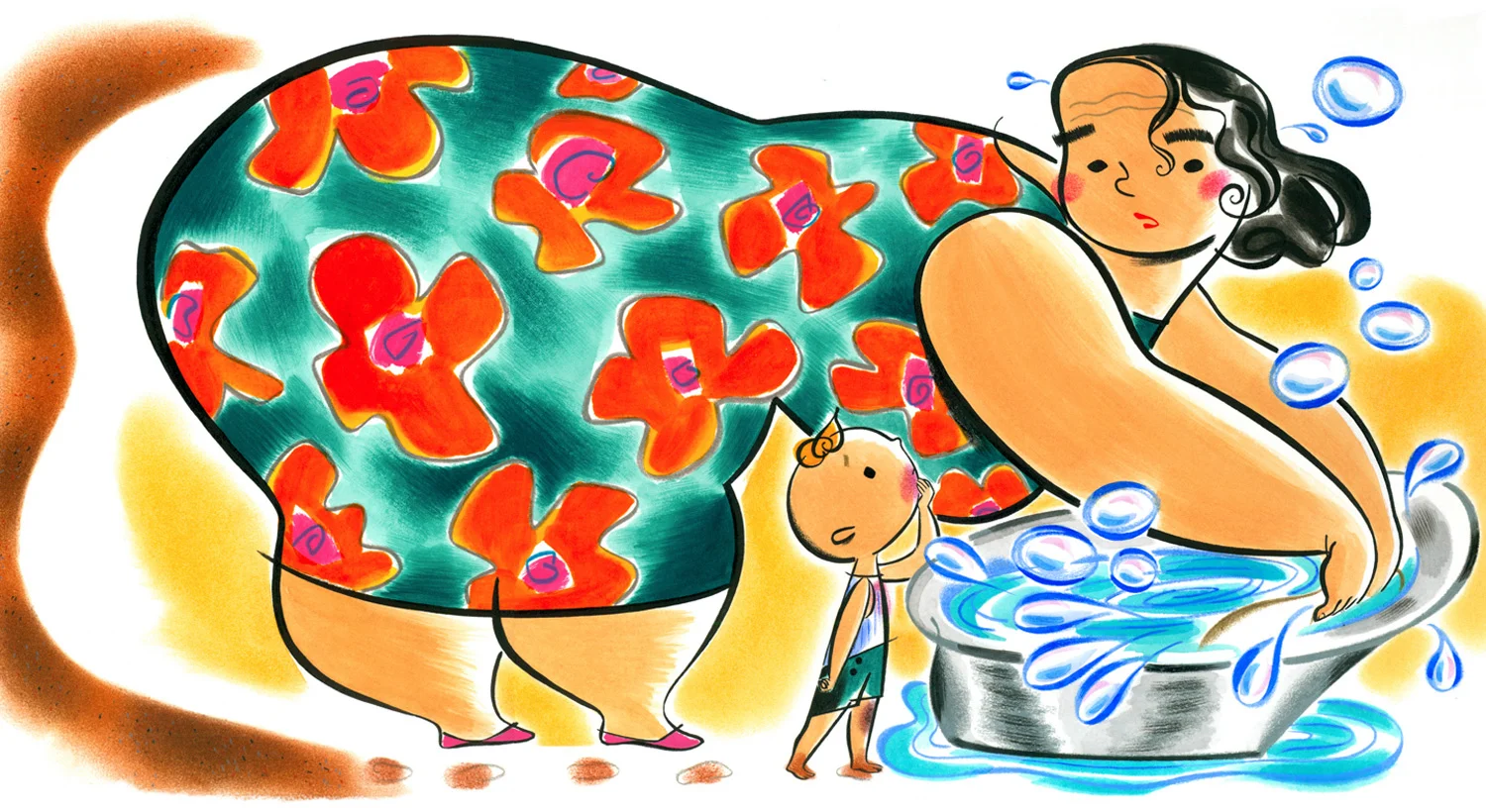 click upper right corner of images to enlarge above: scene with the little boy and his big, loving mama -busy with her laundry chores. The Dirty Little Boy -written by Margaret Wise Brown & illustrated by Steven Salerno published by Winslow Press , 2001. A small boy is instructed by his too busy mother to go outside and watch how the animals each take a bath to get clean. He follows orders, but manages to become so dirty in the process that in the end Mama must give him a bath, too. "The simple, amusing story is a showcase for the large, vibrant illustrations that are both humorous and tender" -Children's Literature “The stylized characters contribute to the retro look, and the playful use of line and scale give them a larger-than-life quality. A selection that is bound to make a splash at story hour” -School Library Journal “Not since Harry the Dirty Dog (1956) has the twin adventure of getting grimy, then scrubbing it all off, been better captured” -Kirkus Reviews NOTE: famed author of Goodnight Moon originally wrote this story for Jack & Jill magazine in 1939 -under the title, How the Animals Took a Bath. For this picture book edition it was renamed The Dirty Little Boy in cooperation with the Margaret Wise Brown Estate.
