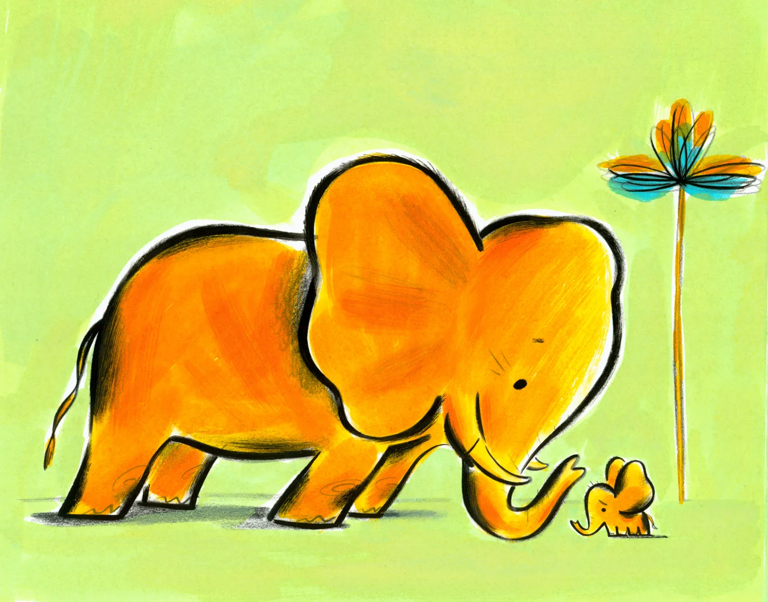 click upper right corner of images to enlarge above: Father encouraging his son little Tumbo, explaining that someday soon he will be able to trumpet, as all elephants can. Little Tumbo -written & illustrated by Steven Salerno published by Marshall Cavendish Children's Books , 2003. A young elephant has not yet developed the skill of trumpeting... his attempts are mere squeaks. One day he gets captured by a couple of shady hunters and taken far away from his family to be sold at the market. Tumbo must learn to TRUMPET, and quickly, if he ever wants to be reunited with his family again. "In a retro style that pays homage to Ludwig Bemelmans and H.A. Rey... Filled with intrigue, bravery and triumph, this smartly served tale of adventure will likely engage young book lovers" -Publishers Weekly