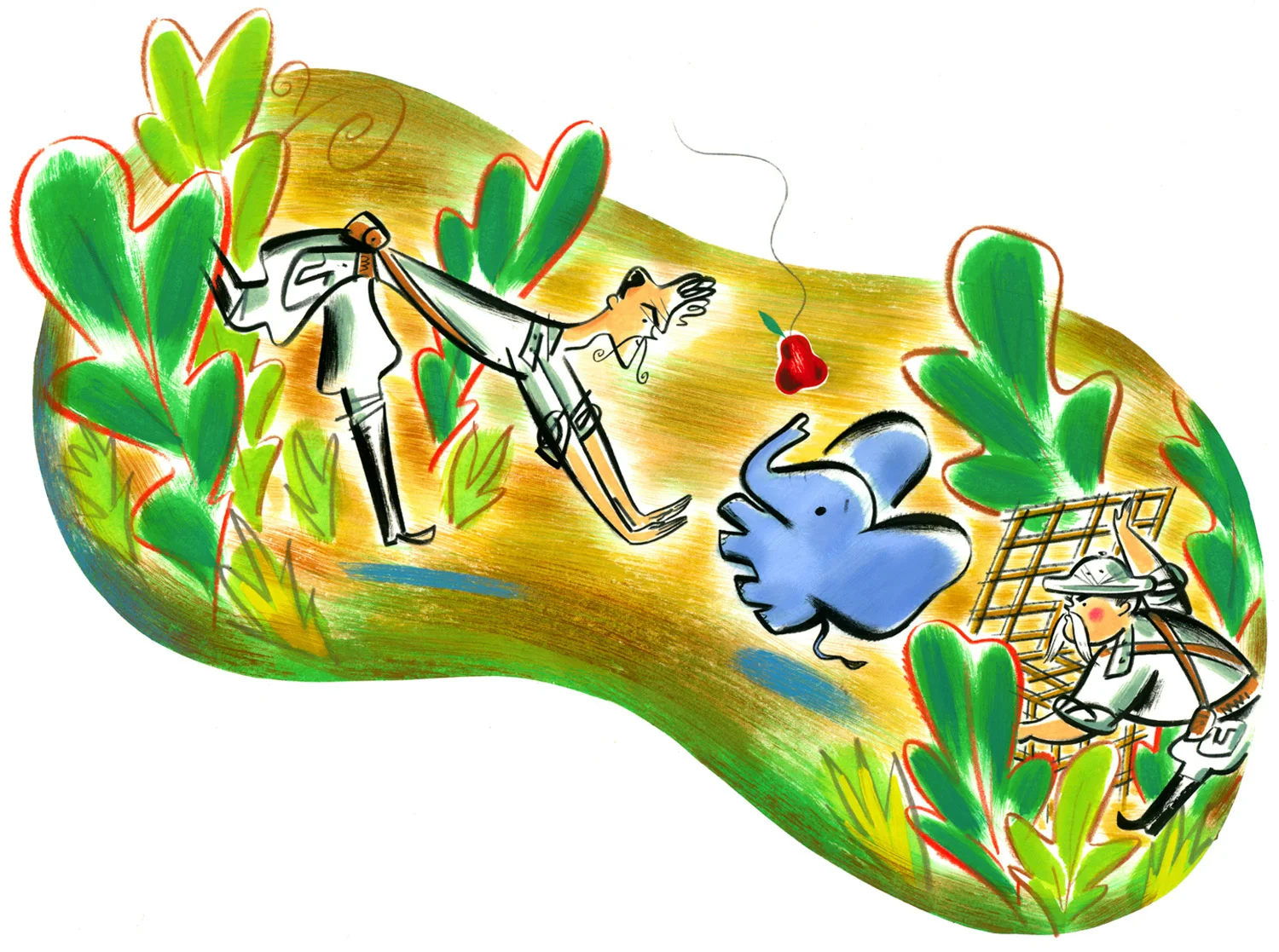 click upper right corner of images to enlarge above: Two shady hunters capture little Tumbo and carry him far away from his family.