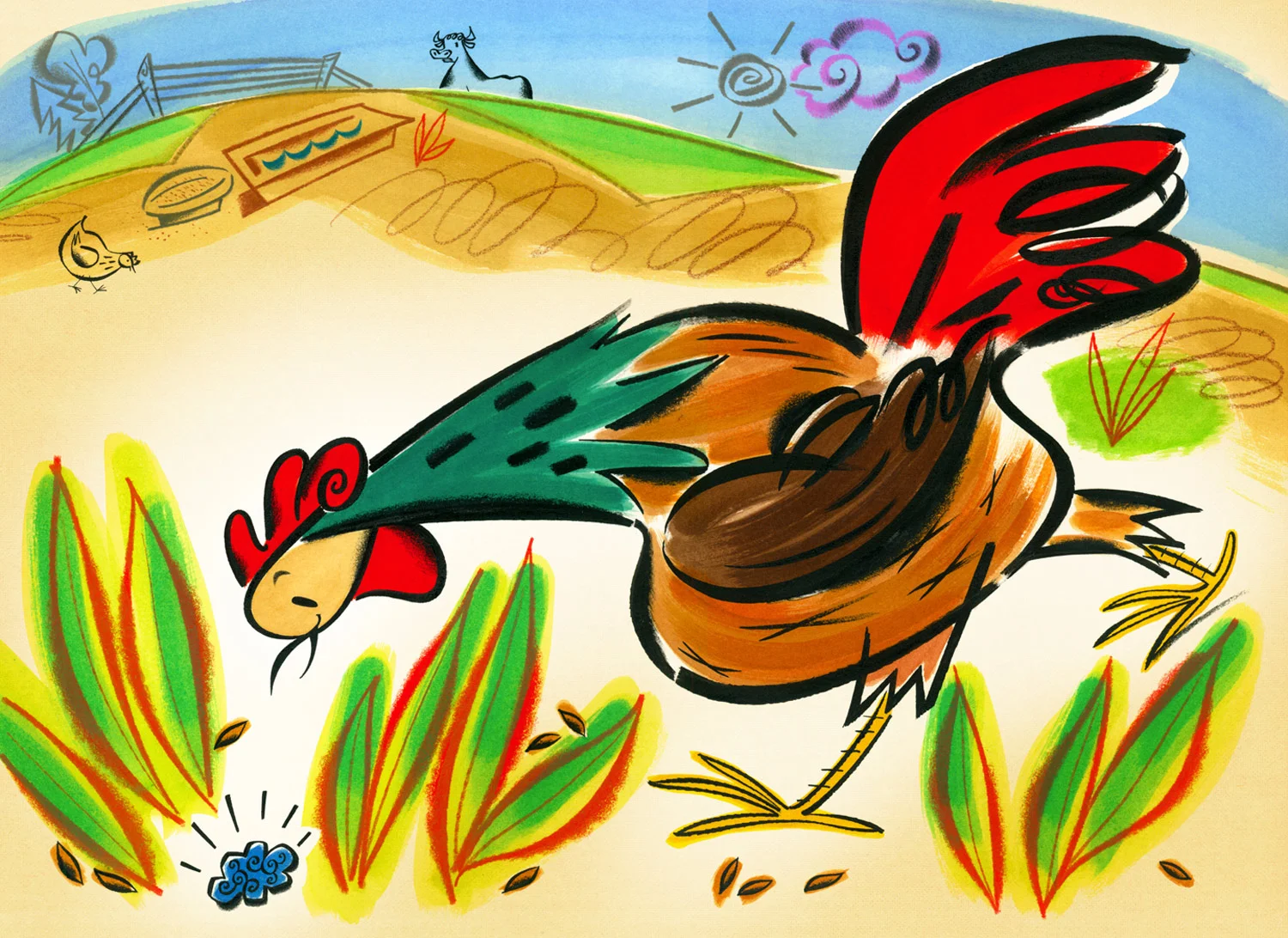 click upper right corner of images to enlarge above: Chuck first spies the little magic blue seed... Chick Chuck -written by Bill Martin Jr. & illustrated by Steven Salerno published by Winslow Press , 2000. A rooster named Chicken Chuck eats a blue seed and magically sprouts a large blue feather from the middle of his forehead, in his mind making him totally unique. However he becomes unbearably bossy with the other farmyard animals... until a trip the circus opens his eyes (sort of). "Children are likely to be dazzled by the illustrations; it's a spectacular debut for Salerno" -Kirkus Reviews “What really makes this book, however, is the art. The hologramlike cover, with its silver, foil-like background, beckons youngsters. The blue feather is decorated with silver filigree, a leitmotiv repeated to the endpapers. The retro-looking mixed-media illustrations are reminiscent of fanciful 1950s designs. The same page may include dazzling color images along with soft-black charcoal outlines. The former highlight the plot action while the latter accent the pastoral setting. Every page is a whimsical visual treat” - School Library Journal