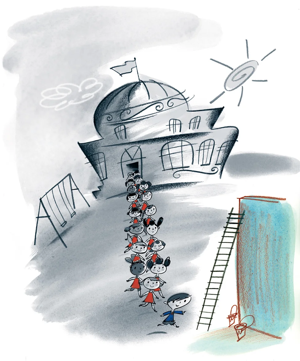 click upper right corner of images to enlarge above: all the children head out into the schoolyard for recess, where their imaginative, wild adventures begin...