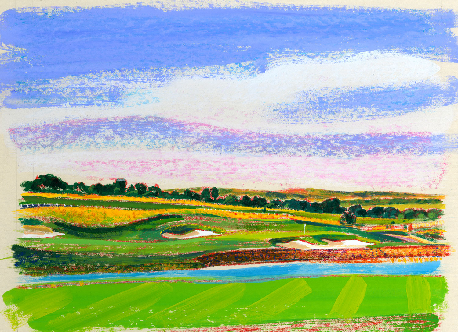 click upper right corner of images to enlarge Els Club Copperleaf -Tshane, South Africa/6th hole, par 4. Created for Els Design (the golf architecture company of Golf Hall of Fame Member, and 4-time Major Championship winner, Ernie Els) -crayon, pastel, gouache