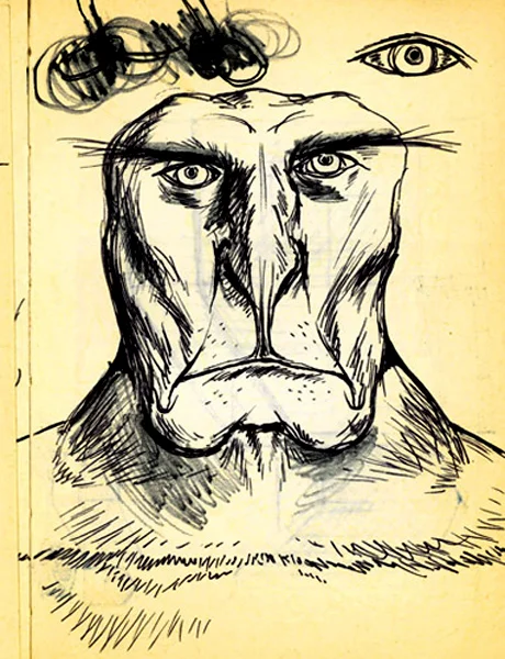 alien with serious expression click upper right corner of images to enlarge Steven enjoys imagining odd alien creatures... These images all start out as random, unplanned doodles (created with ink or crayon drawn directly on scraps of paper) which quickly grow into fully realized sketches. Posted here are some of his favorites...