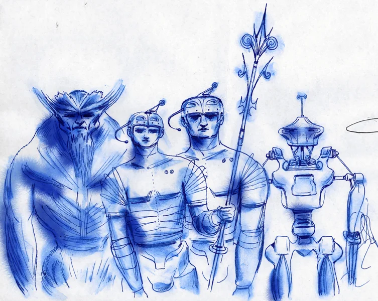 two humans, an indigenous creature, and a robot click upper right corner of images to enlarge