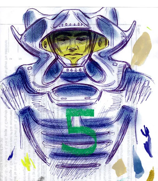 human wearing a large sculpted protective helmet click upper right corner of images to enlarge