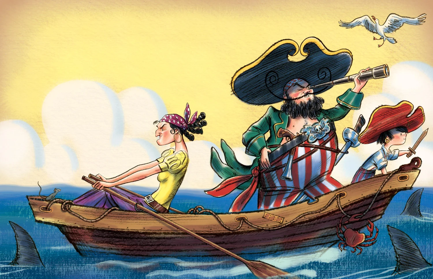 click upper right corner of images to enlarge above: the Pirate family rowing ashore.