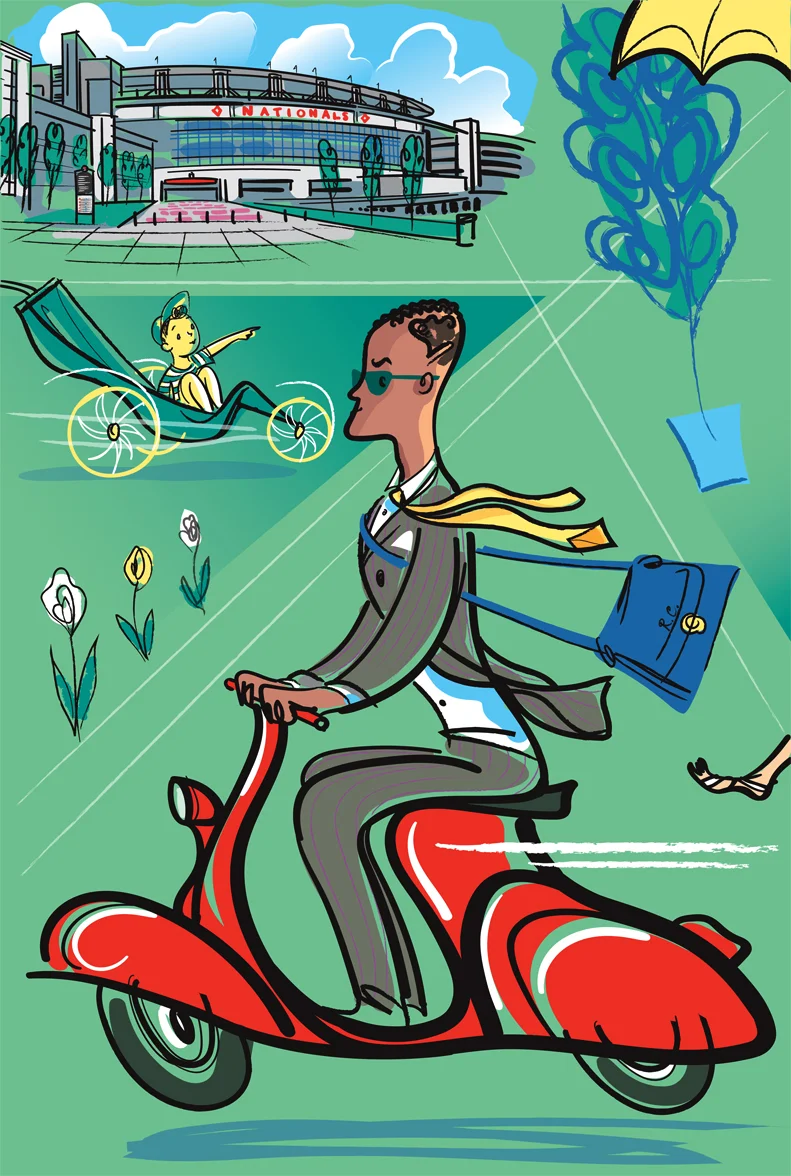 this is one of the 12 illustration panels I created for the project... which depicts a man zooming off to work on his scooter, and in the background is the Nationals baseball stadium.