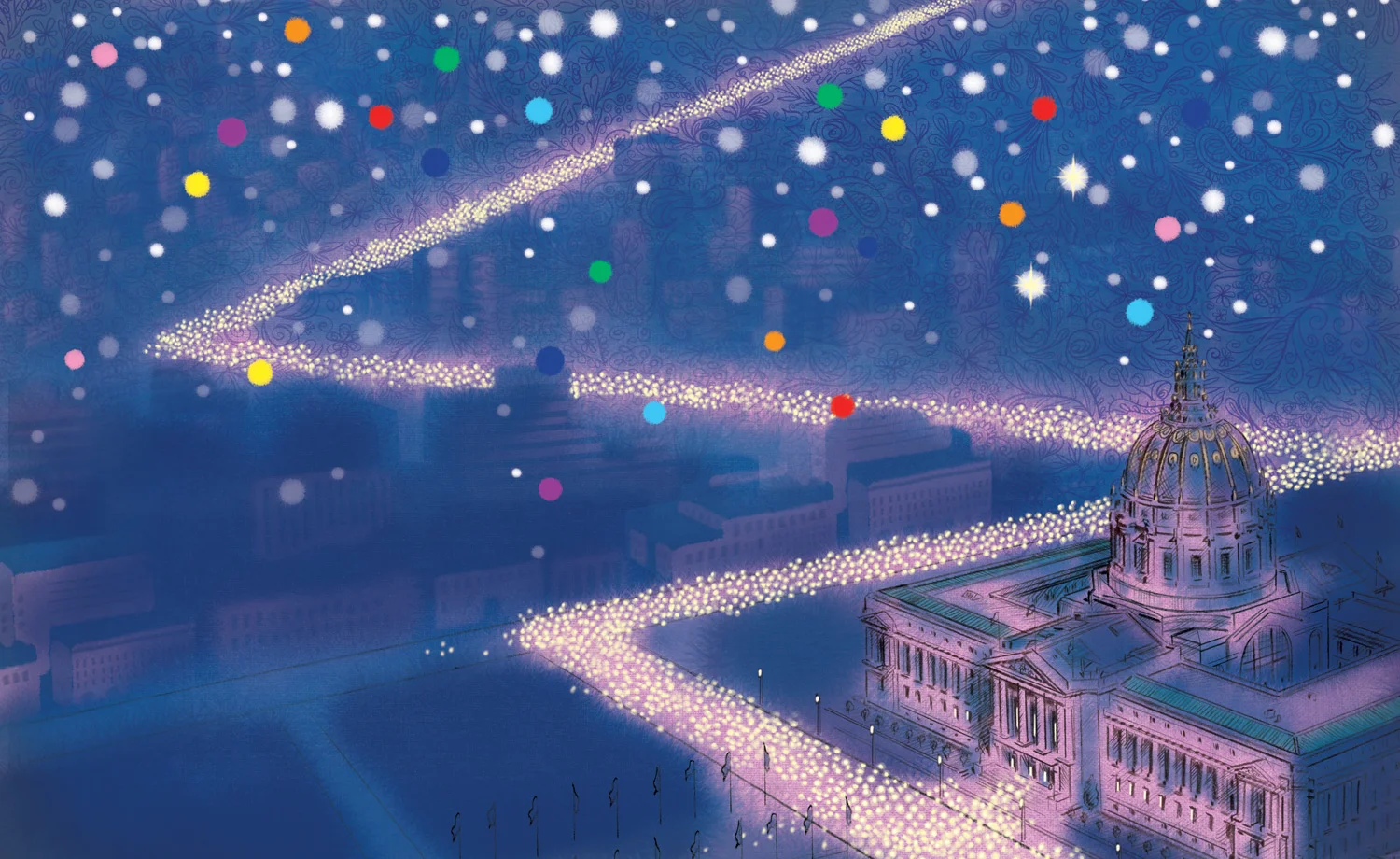 click upper right corner of images to enlarge above: scene of the candle light vigil winding through the streets of San Francisco by many thousands of people honoring the sudden loss of activist Harvey Milk and Mayor George Moscone, both murdered.
