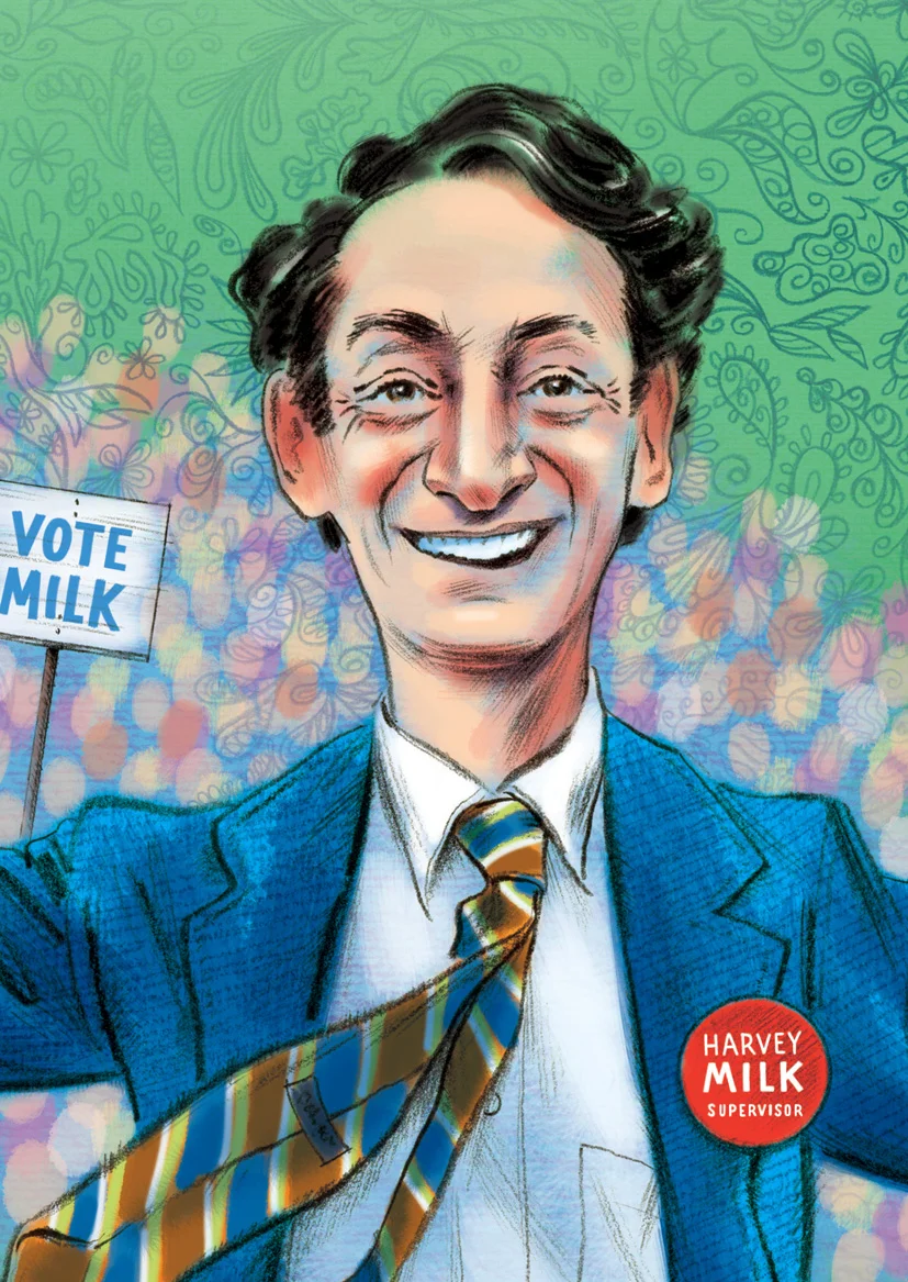 click upper right corner of images to enlarge above: a detail view of Harvey Milk -when campaigning for public office in San Francisco in the mid-1970’s