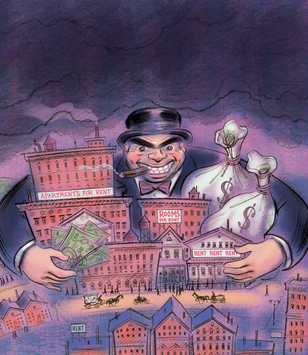 click upper right corner of images to enlarge above: After the Civil War many people living in rural areas began flocking to the cities, creating a boom in the demand for housing and apartments which in turn created Landlords -many becoming wealthy. Lizzie Magie created her Landlord’s Game to bring awareness to the plight of many poor people subject to unscrupulous landlords.