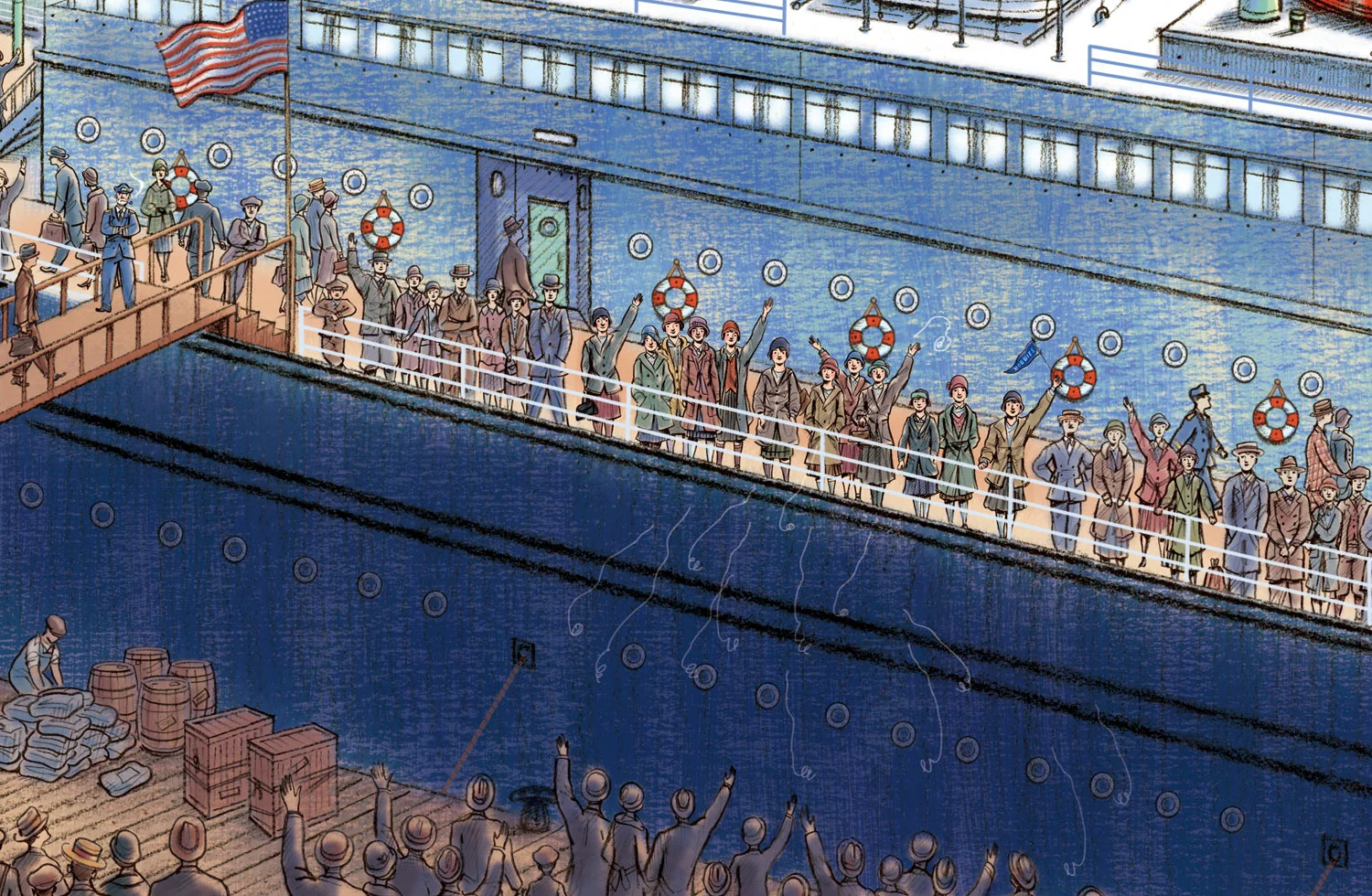click upper right corner of images to enlarge above: cropped view of scene with Edith and her teammates boarding a steam ship heading for Yokohama, Japan... View a posting on Steven's blog to see how the illustrations for this picture book were created.