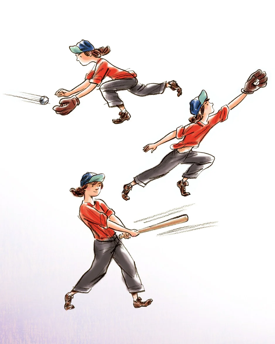 click upper right corner of images to enlarge above: young Edith. age ten, at the team tryouts. View a posting on Steven's blog to see how the illustrations for this picture book were created.