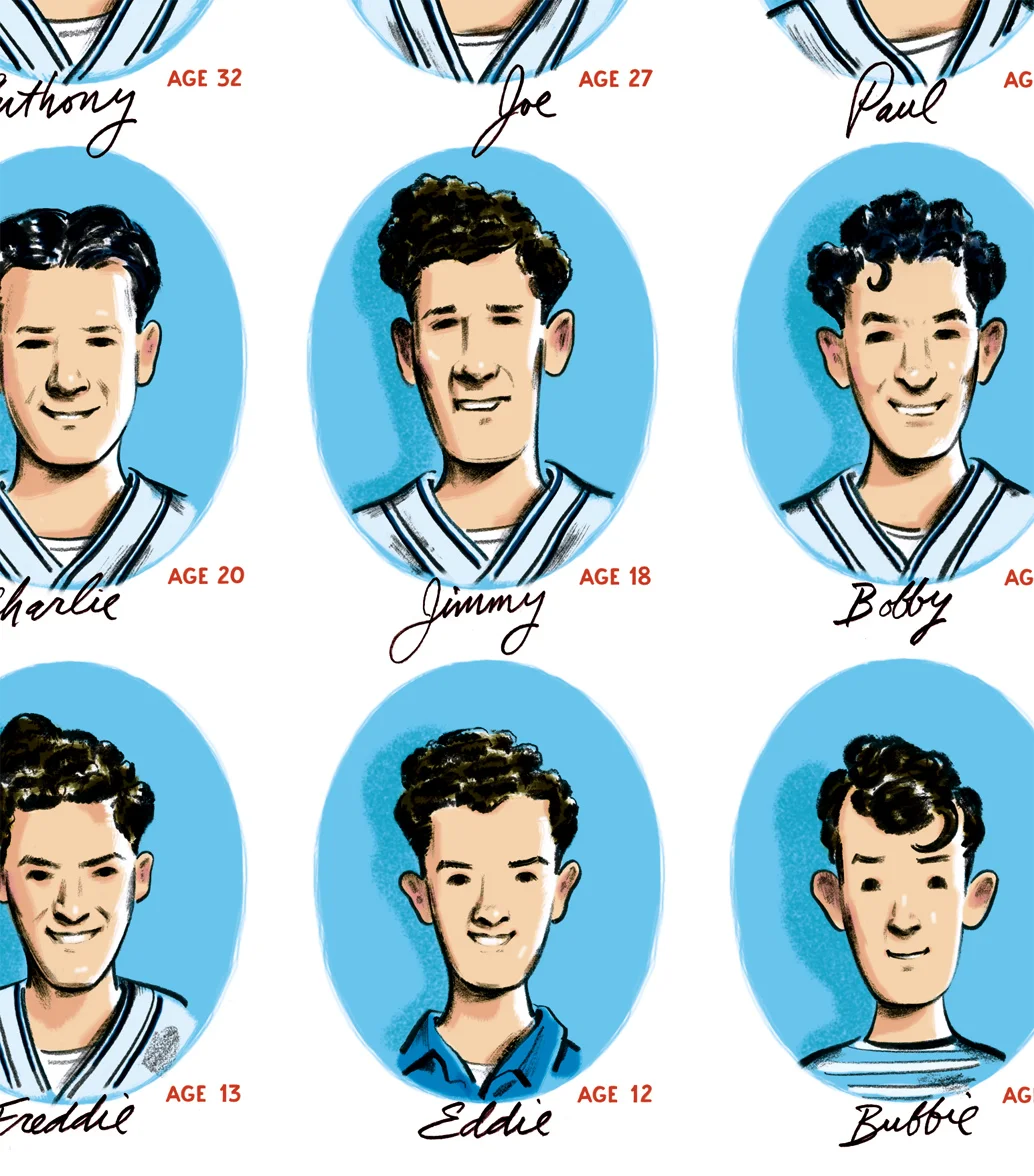 click upper right corner of images to enlarge above: cropped view of the illustration depicting the all brother team roster View a posting on Steven's blog on how the illustrations for this picture book were created.