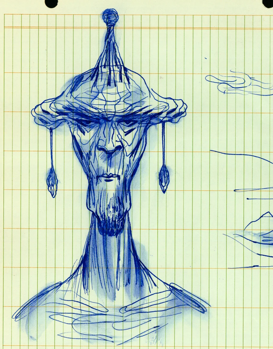 alien with flat, mushroom-like head and earlobes that hang down looking like earrings click upper right corner of images to enlarge