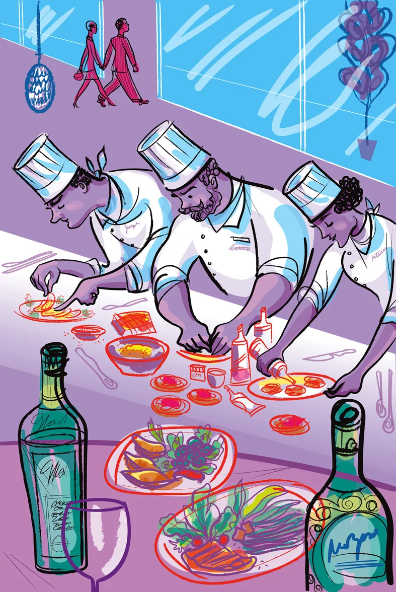 click upper right corner of images to enlarge Chef Brigade /detail from 1 of 12 large window display panel graphics for One Hill South -totaling 9 feet high x 76 feet wide. Created for The Related Companies newest luxury apartment building complex in Washington DC learn more about this project in the spotlight section
