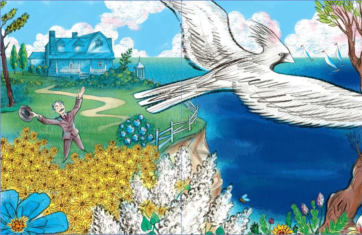 above is the next stage where continuing additional colors are added digitally… bringing more definition to the landscape , Edwin’s clothing and skin tones, deeper blues in the water, the sail boats, etc...
