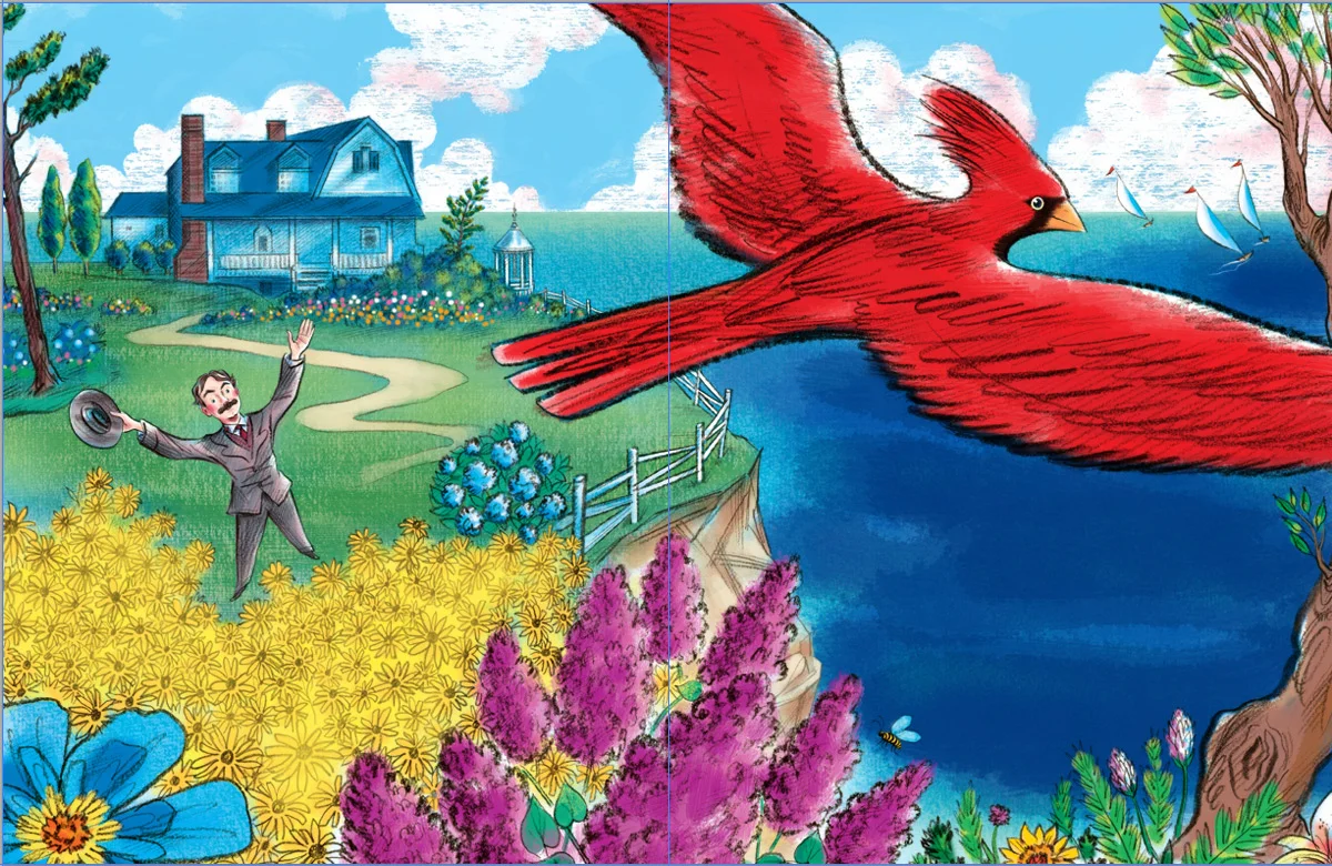 above is the next stage where continuing additional colors define the foreground flowers, the red Cardinal, more definition to the house, background flowers, etc…