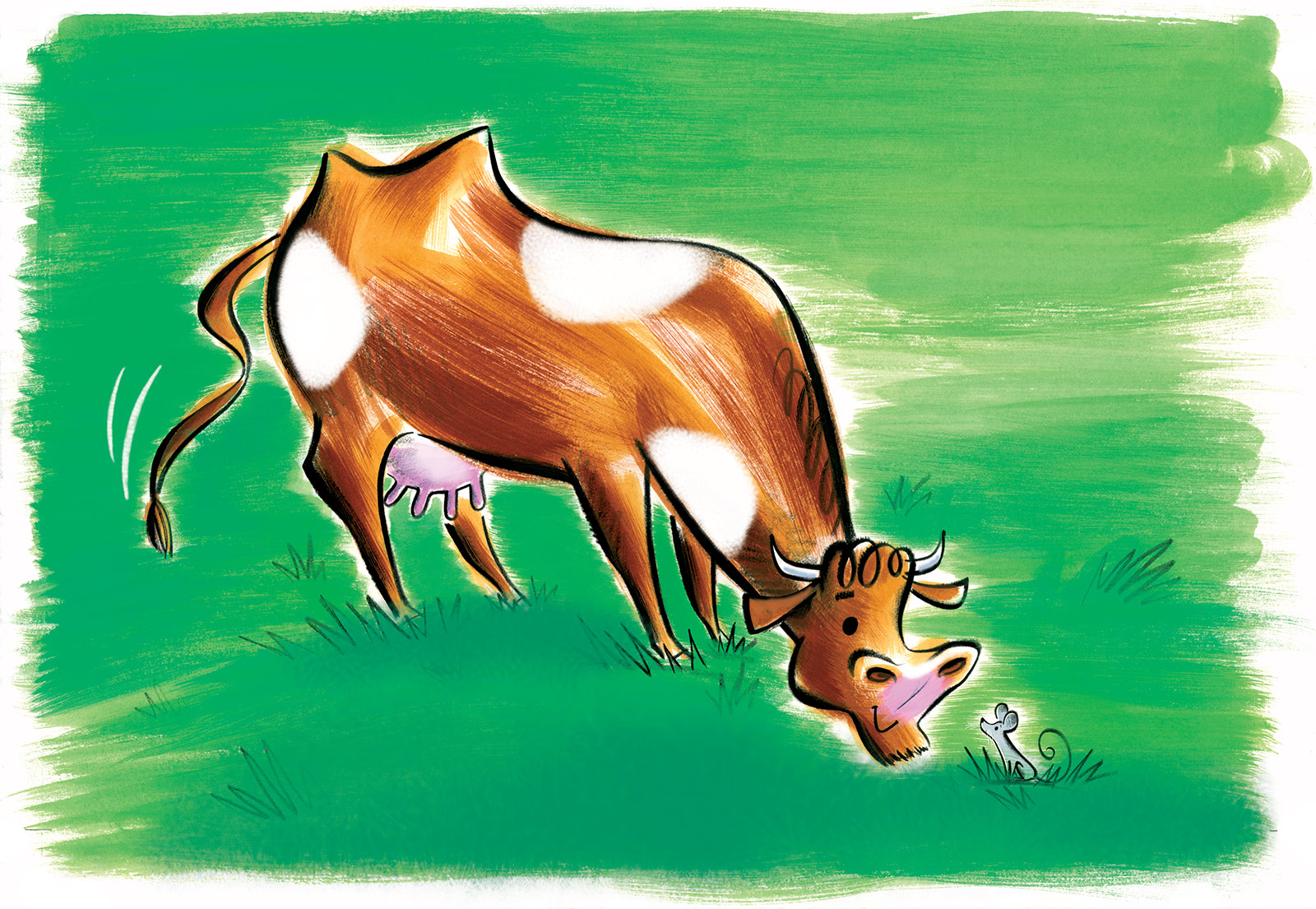 click upper right corner of images to enlarge above: The cow unexpectedly finds a tiny friend in the grass. Mrs Wow Never Wanted a Cow -written by Martha Freeman and illustrated by Steven Salerno published by Random House Books for Young Readers, 2006. Mrs. Wow reluctantly keeps a cow, and in the bargain also gets her two lazy pets (a dog and a cat) back in line. “Salerno's pictures channel erstwhile greats in the publisher's series-notably Roy McKie and P.D. Eastman-by way of Nickelodeon cartoons, and purple Bow-Wow owes a little something to Margaret Bloy Graham's Harry. Bright, painterly swathes of color add dynamism of their own, and bold black outline simplifies compositions appropriately for a beginning reader.” -Kirkus Reviews