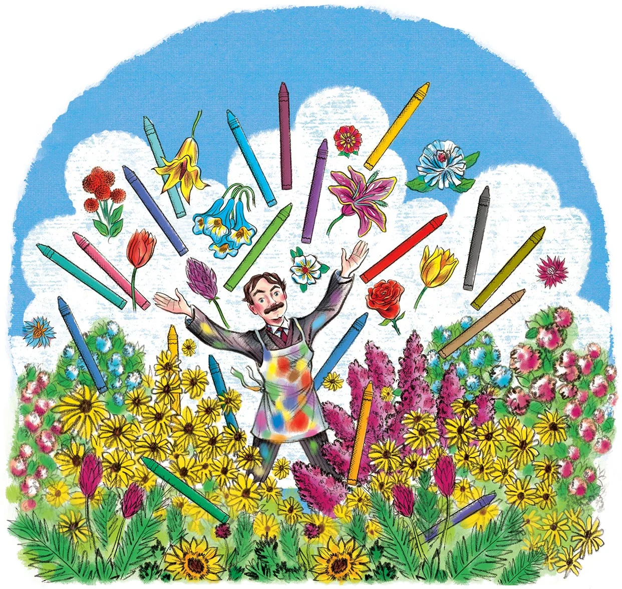 click upper right corner of images to enlarge above: vignette that appears on the back cover -of Edwin standing in his flower garden, which was one of the inspirations for creating Crayola Crayons… see Steven’s blog post on making the illustrations for The Crayon Man