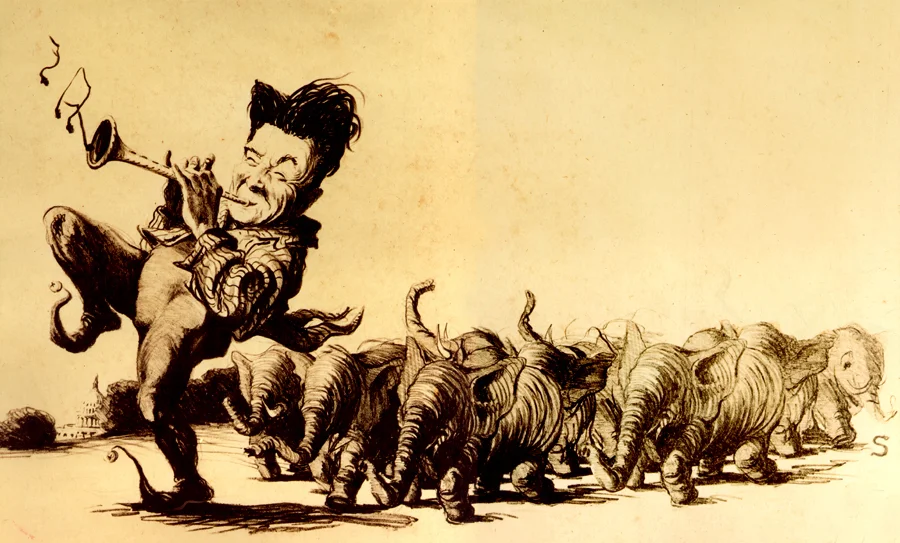 ^ one of Steven Salerno’s early illustrations from 1981 -for a political magazine …which depicts then President Ronald Reagan as the Pied Piper character leading the Republican Party… (litho crayon on paper)