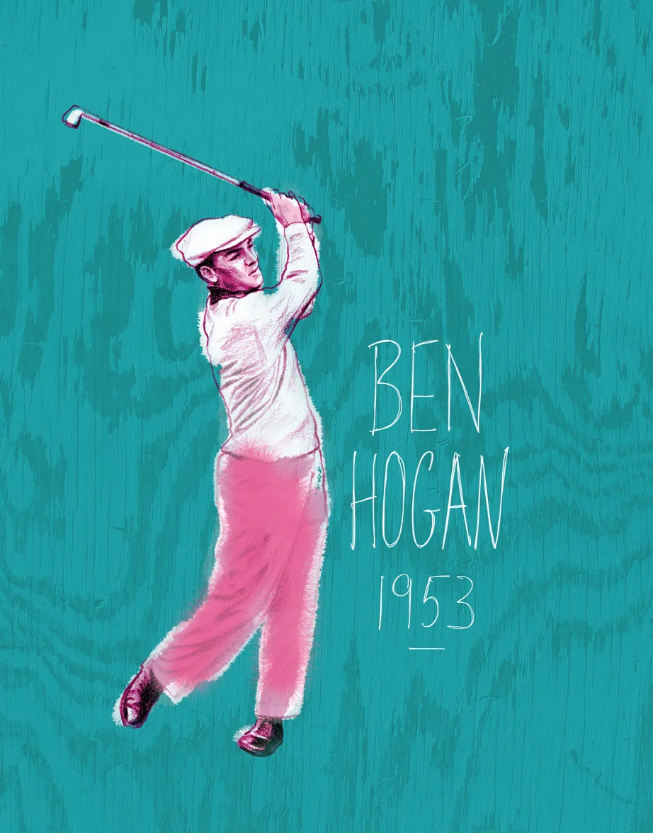 ^ one of Steven Salerno’s golf art images… this one is a portrait of American golfing legend, Ben Hogan circa 1953. (crayon, wood grain, digital)