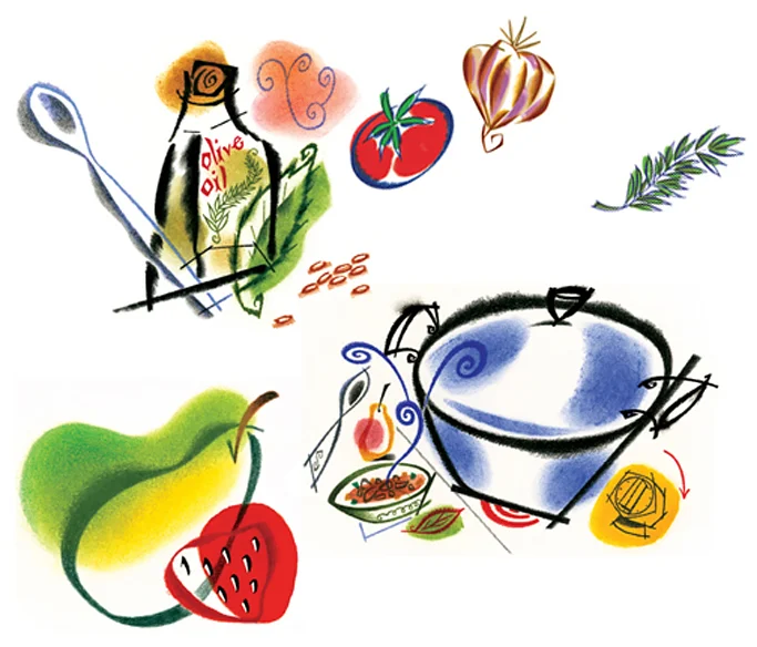^ a series of light &amp; whimsical illustrations by Steven Salerno created in the early ‘90’s for PESTO, a cookbook published by Chronicle Books (crayon, colored pencil, pastel)