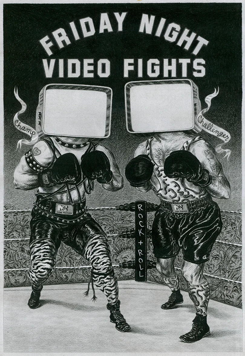 ^ an illustration from the early 1980’s created by Steven Salerno for the new television channel, MTV -for their segment, Friday Night Fights -the interior of the boxer’s screen heads were animated. (litho crayon on paper)
