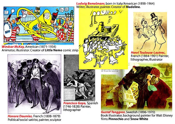 ^ just a few of Steven Salerno’s artistic influences, such as Windsor McKay, Honore Daumier, Francisco Goya, Ludwig Bemelmans, Henri Toulouse-Lautrec, Gustaf Tenggren, and many others…