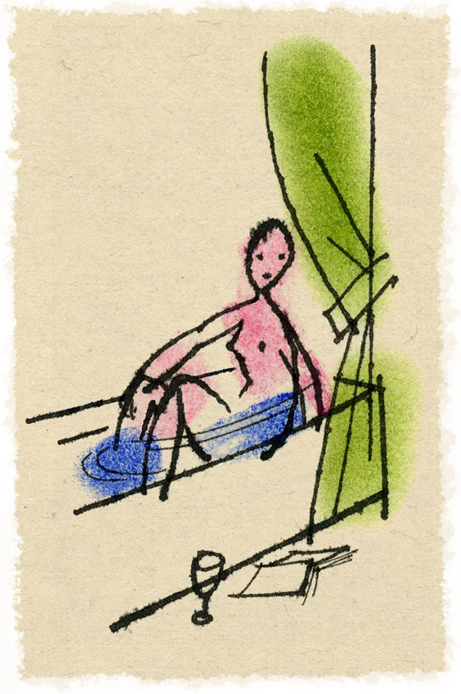 ^ woman in bath -one of Steven Salerno’s ink drawings (using a crowquill pen) within a series of small drawings created in 1992 for The New Yorker magazine. (The pastel coloring seen in the drawing was added at a later date)