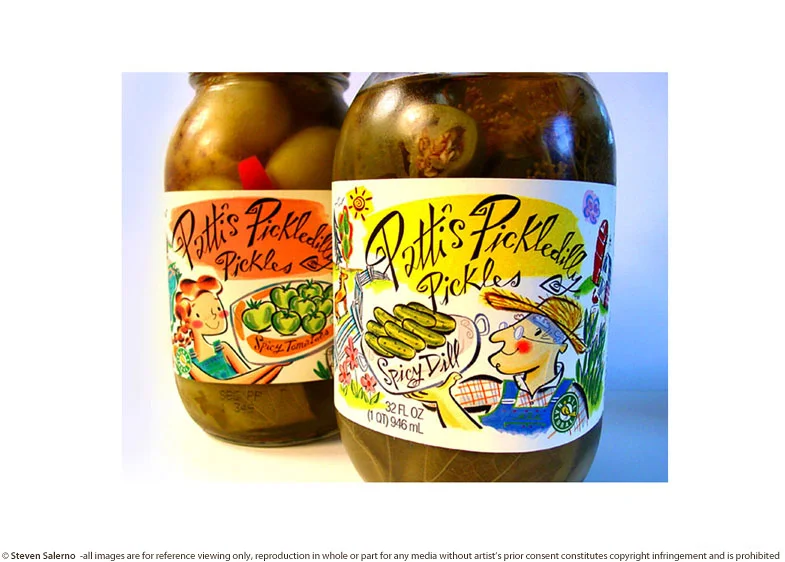^ packaging label illustration created for Patti’s Pickledilly Pickles (from series of 4 various labels)