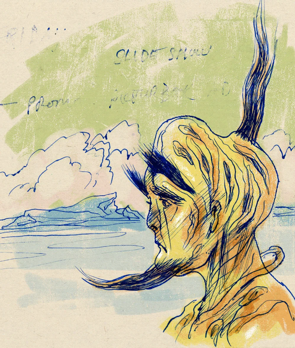 a human-like alien creature with yellow skin and slots in his head… sketch by Steven Salerno . Visit stevensalerno.com to view many more of his curious alien creature sketches.