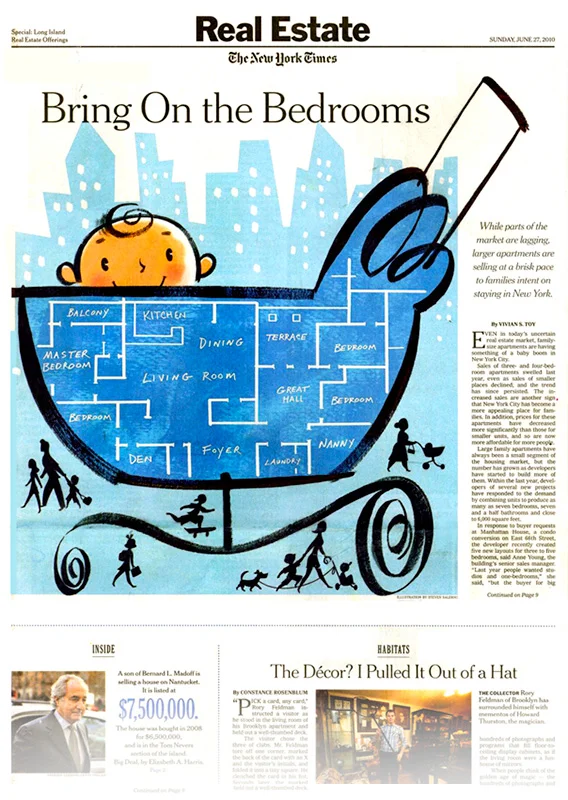 ^ an editorial illustration by Steven Salerno created for The New York Times for an article on large apartments for large families in the city. (view of the entire printed page)
