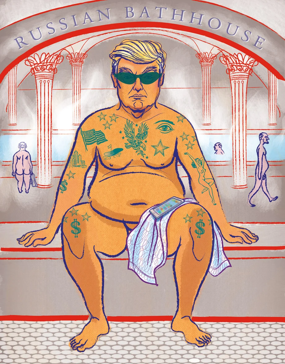 ^ an editorial illustration by Steven Salerno satirizing President Donald Trump and his alleged connections with Russia, created for INX editorial services
