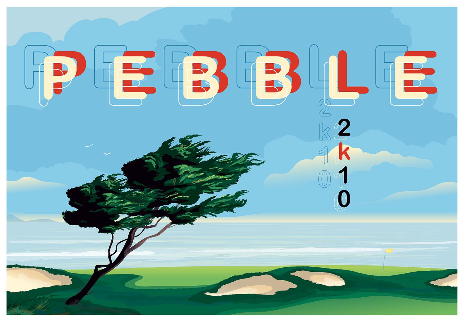 2010 poster by Steven Salerno… Pebble 2K10 -depicting a wind-blown cypress tree on the Pebble Beach Golf Links