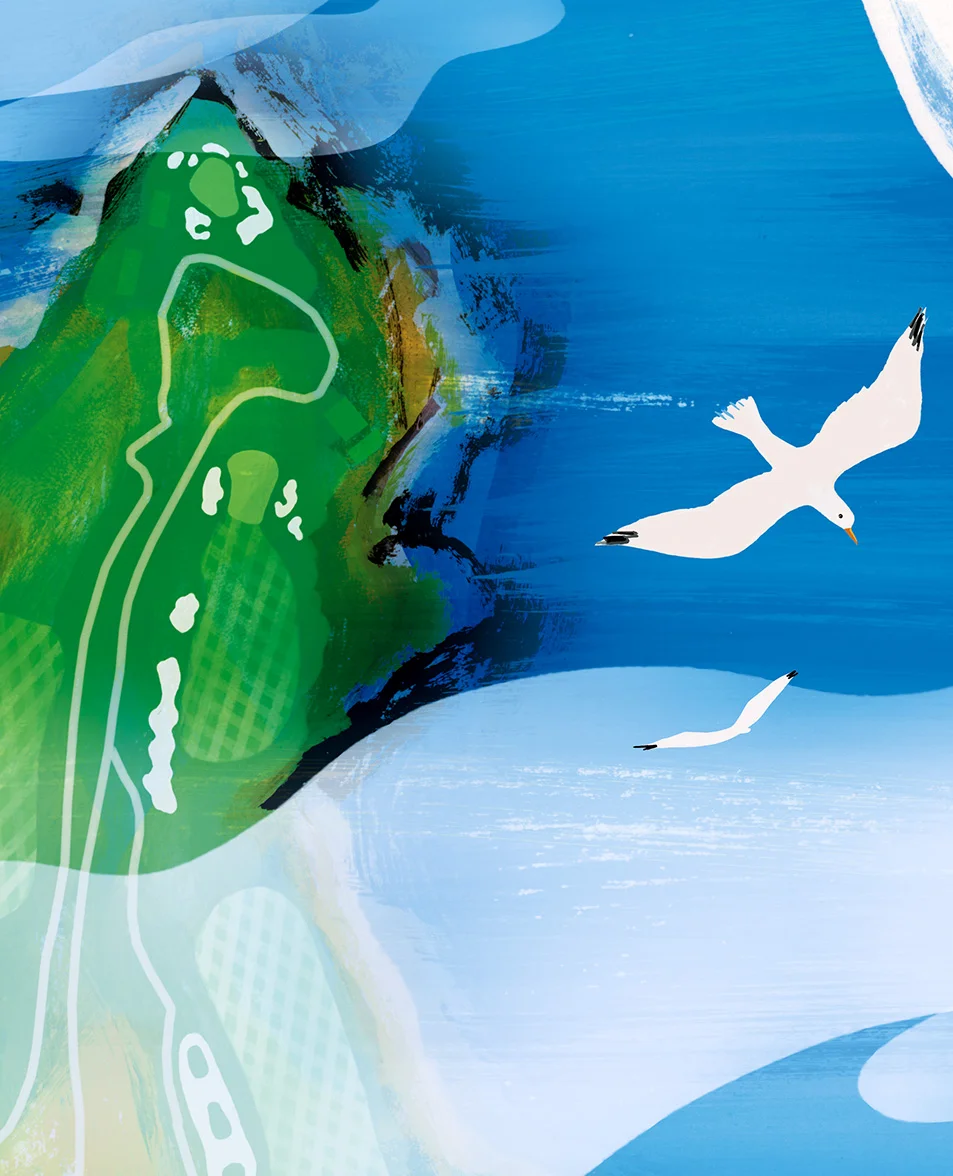 detail of 2010 poster by Steven Salerno… Soaring Above Pebble -depicting a birds-eye-view of the Pebble Beach Golf Links