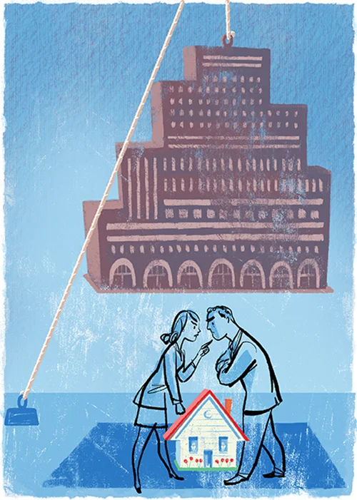 above is the FINAL completed illustration that was presented to WSJ art director Lisa DiLillo… specs: The final illustration was created in Photoshop in RGB color mode and at a 300dpi resolution. It is approximately 9” high x 6.5” wide, the same size that it will be printed in the newspaper. It was composed in about 15 layers, each layer consisting of the various elements and textures comprising the illustration. (see Photoshop screen shot further down in the post) You can see in the final illustration above that it follows the approved sketch very closely but the line work and quality in the drawing of the couple is much more refined and concise now… the little house is more detailed too compared to the sketch, and even the office building in the final illustration, though purposely “loose”, is now a bit more refined in execution compared to the roughness seen in the sketch. And the upper sky area of the final illustration has a more refined and deliberate texture now (which was created with colored pencils and scanned into Photoshop). REQUEST FOR A REVISION Once Lisa DiLillo and the editors reviewed my final illustration, Lisa came back with the constructive comment that they all felt the “office building” hanging above the couple’s heads looked too much like an old factory or old railroad building, and needed to look like a modern glass & steel office building. As soon as I read Lisa’s comment I immediately concurred. Logically the building in the illustration should definitely look like a modern office building! I had clearly missed the mark on this feature. So I had to spend a couple more hours modifying my illustration and draw a modern office building then insert it into the illustration replacing the “old” looking building. It is these last minute modifications that having created the illustration digitally in Photoshop is a distinct advantage! Because the illustration in Photoshop is created in a hierarchy of multiple individual layers, thus allowing me to easily swap out the old building with the new building without affecting the background layer at all.