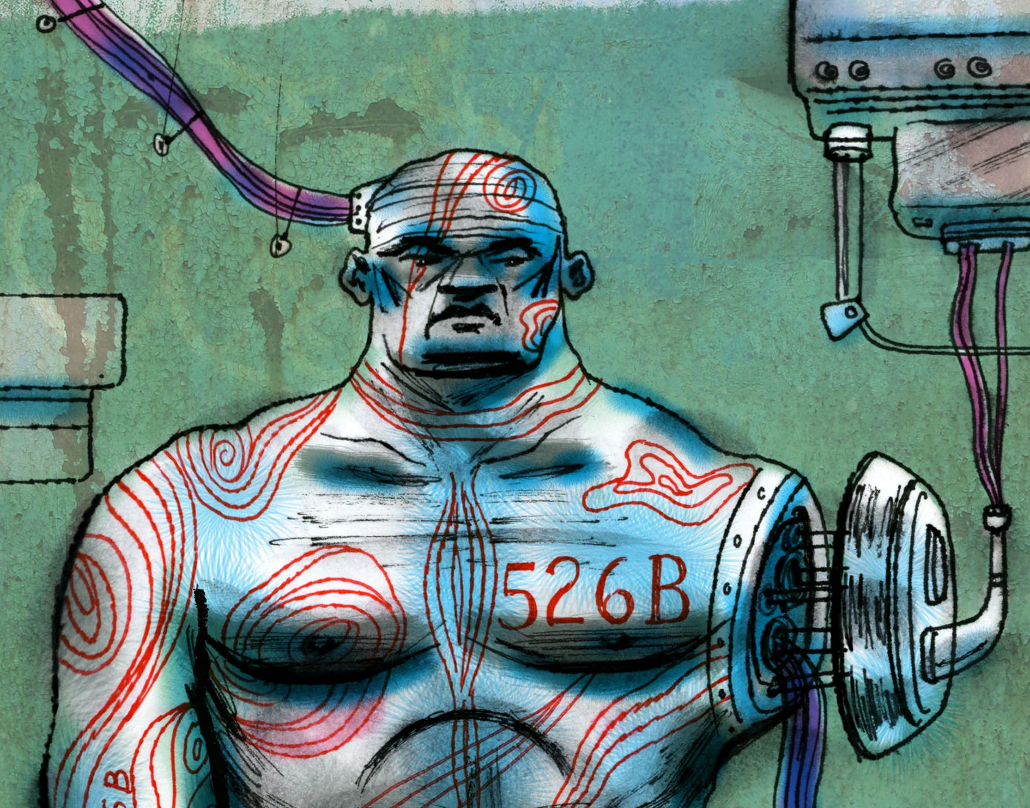 above ^ Sci-Fi character sketch (DETAIL) by Steven Salerno … a cyborg warrior repair station depicting a unit having its arm being repaired and replaced. (ink/gouache/collage/digital) visit stevensalerno.com