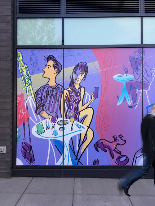 ^ Cafe Couple (2016) -1 in a series of 12 large-scale promotional graphics by Steven Salerno created for developer Related Companies for on-site promotional advertising of their new apartment building development, One Hill South, in Washington DC. (…