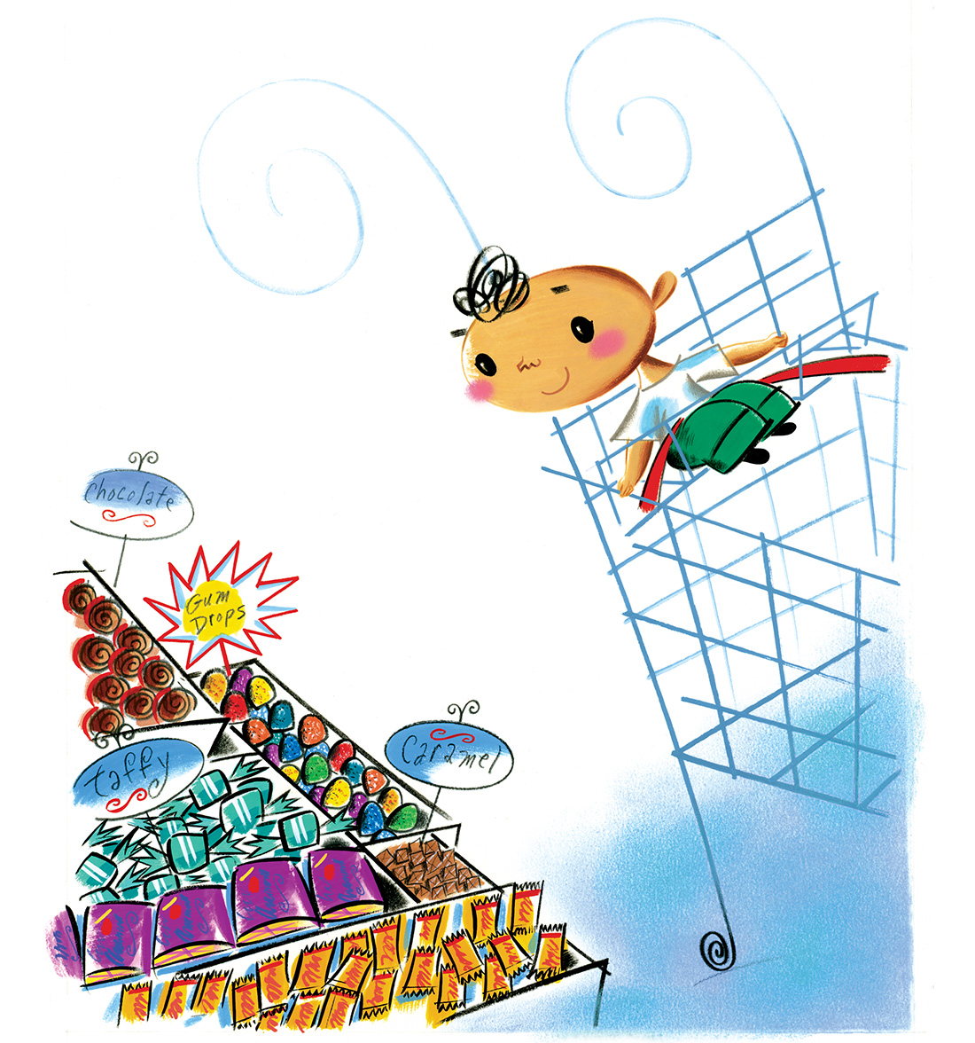 click upper right corner of images to enlarge above: Bebe Goes Shopping – Bebe is sitting high up in the shopping cart, the sweet (dulce) just out of his reach…